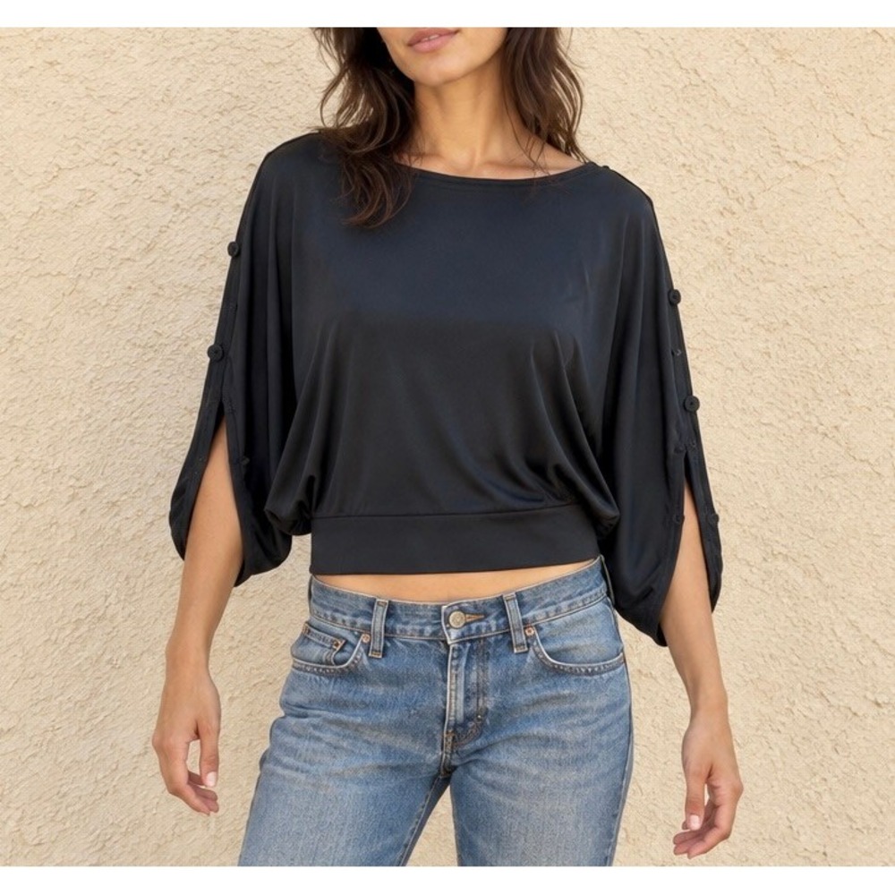 Vintage Y2K Fendi Black S Small Archival Button Slit Sleeve Cropped Jersey Top